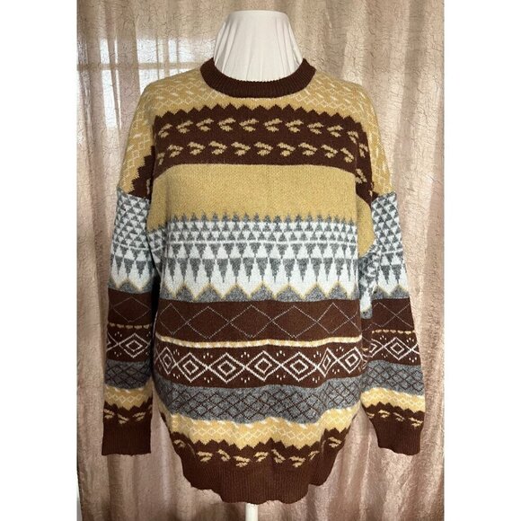 Vintage Geometric Pattern Knit Sweater Brown/Yellow/Gray Unisex Size L Grandpa G - Picture 1 of 5